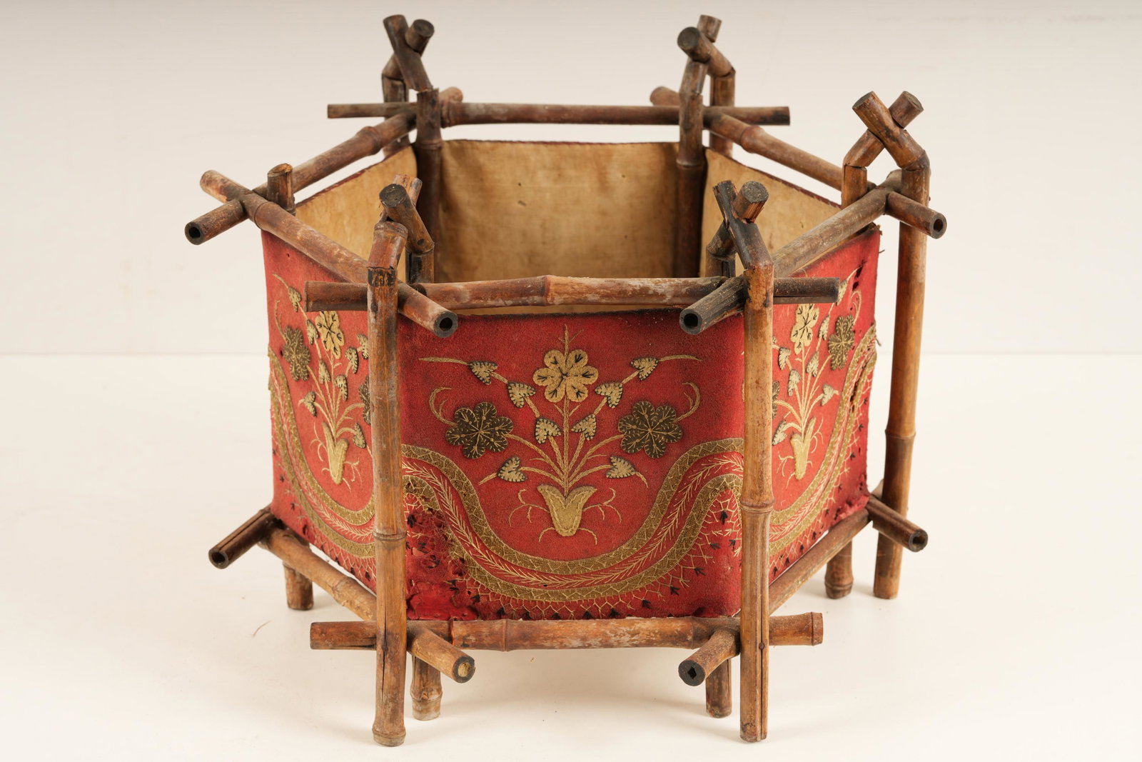 Unusual Primitive Stitched Wool Bamboo Shade: Cage form bamboo frame with stitched wool panels. H 9 W 11 D 11 Weight 2LBS
