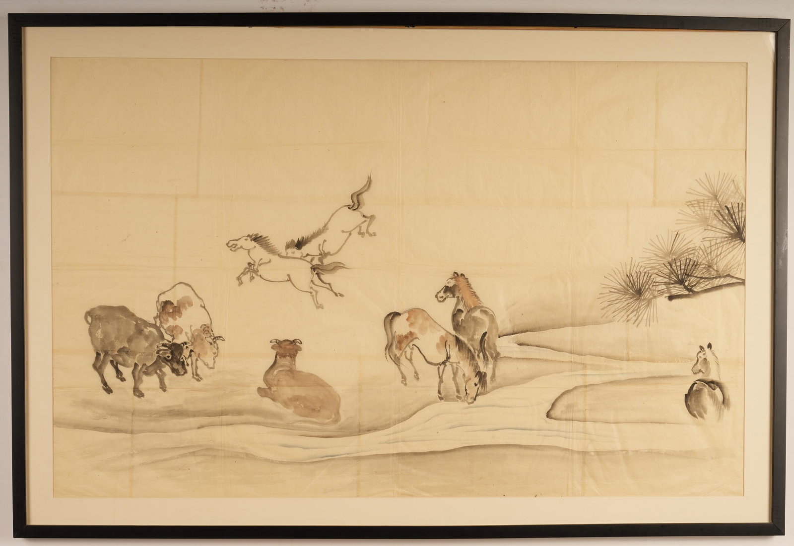 1800's Japanese Sensa Painting On Linen: H 33.75 W 50 D 1.25 Weight 13Lbs