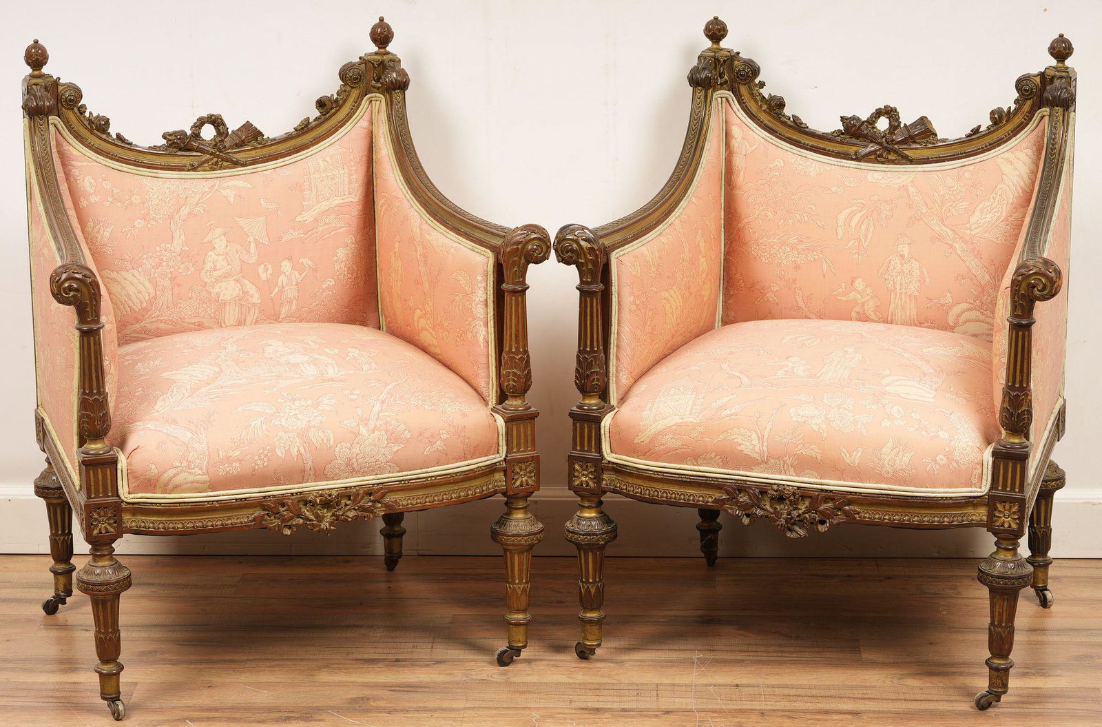 Pair Louis XVI Style Upholstered Bergeres: H 32.5 W 27 D 21.75