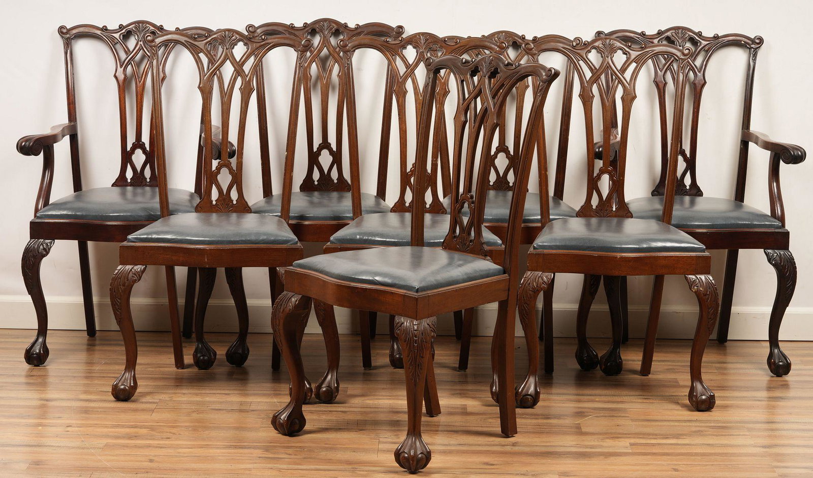 Set Of 8 Chippendale Style Mahogany Dining Chairs: Removable Dark Blue Leather Seats and Carved Cabriole Legs With Ball And Claw Feet H 39.25 W 25.5 D 23.25