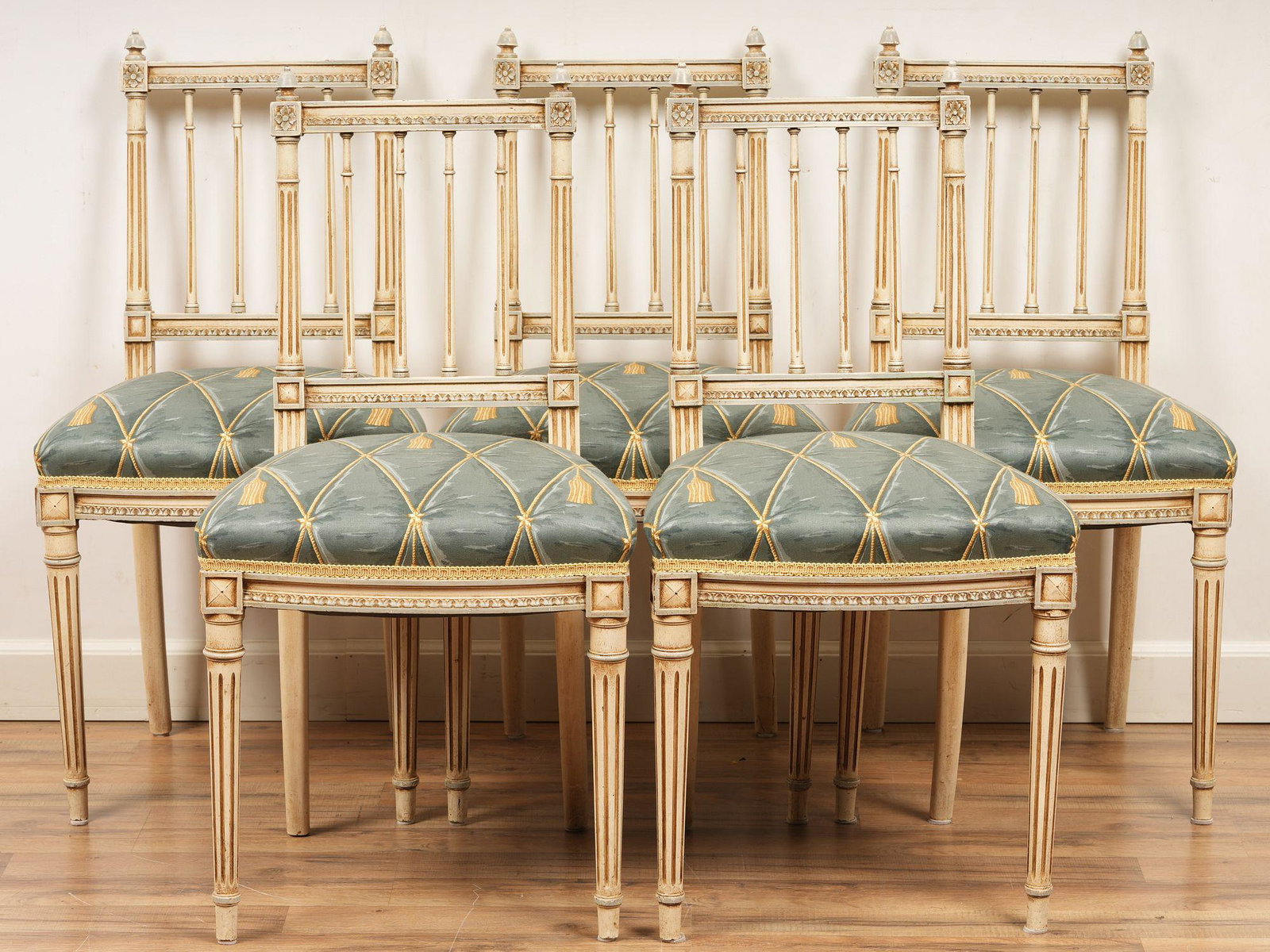 Set Of 5 Louis XVI Upholstered Dining Chairs: H 35.5 W 18.5 D 18
