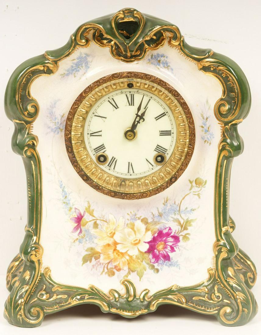 Royal Bonn Porcelain Mantle Clock: H 10.5 W 9 D 4.5 Weight 7lbs Untested