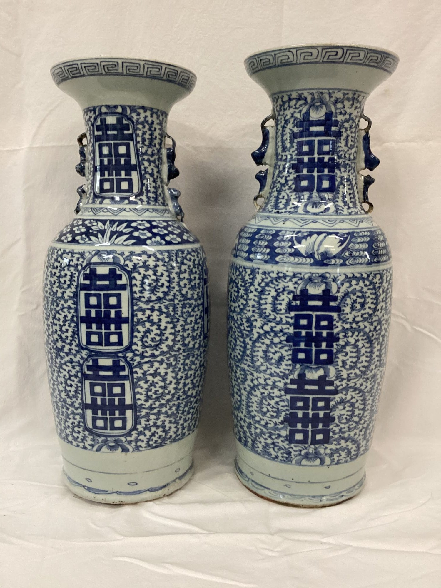Pair Large Chinese Porcelain Temple Vases: Overall blue and white decoration with centered Happiness medallions. One with red wax seal on base. 