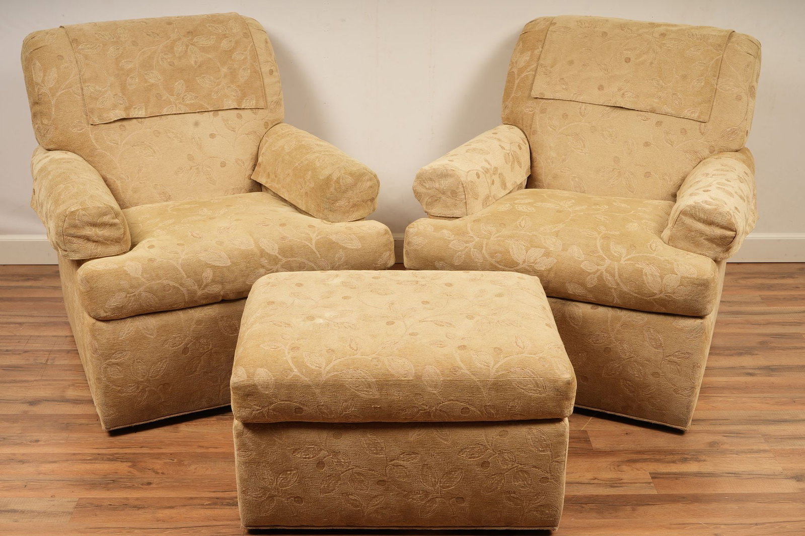 Leo Burke Upholstered Club Chairs With Ottoman: H 35" x W 32" x D 36"