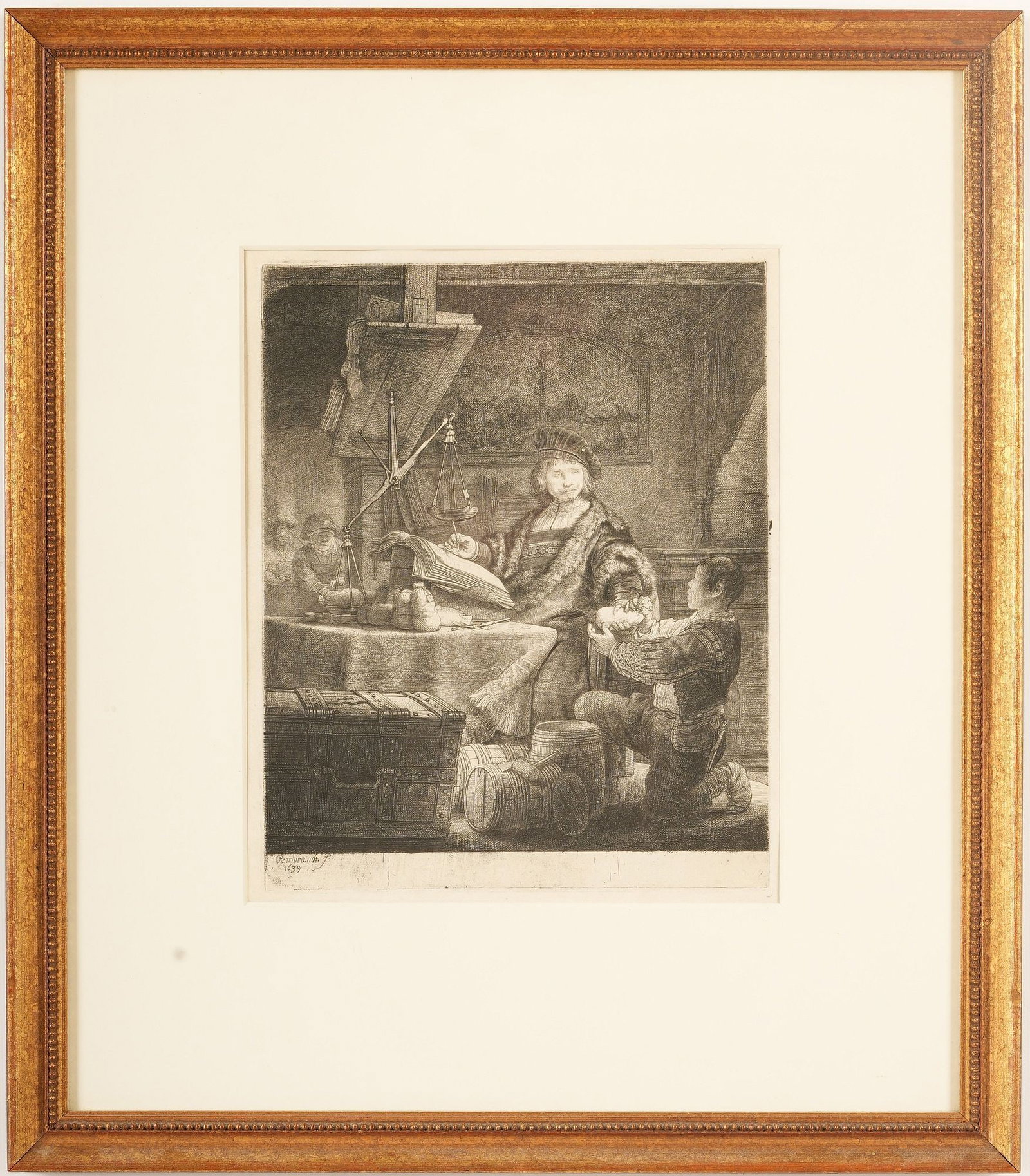 Rembrandt Etching "The Gold Weigher": Etching and Dry Point On Paper, Signed and Dated in the plate, H 18.5" x W 16" x D 1", Site 10.5" x 8.5", "The Gold Weigher" 