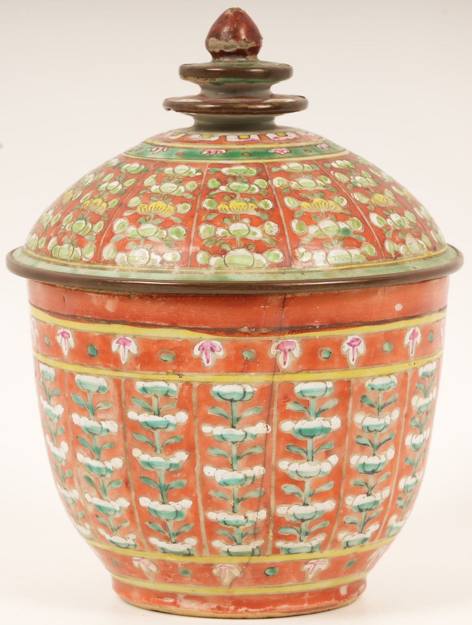 Thai Ceramic Benjarong w Lid: H 9" x Dia 6" 