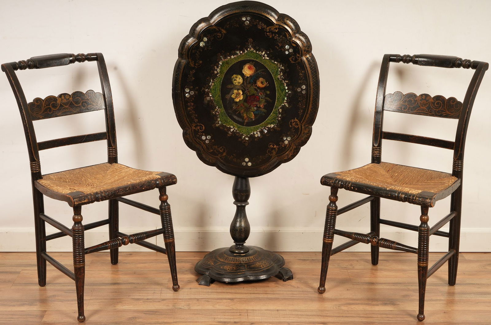 19thC Papier Mache MOP Inlay Table and Two Chairs (1 of 8)