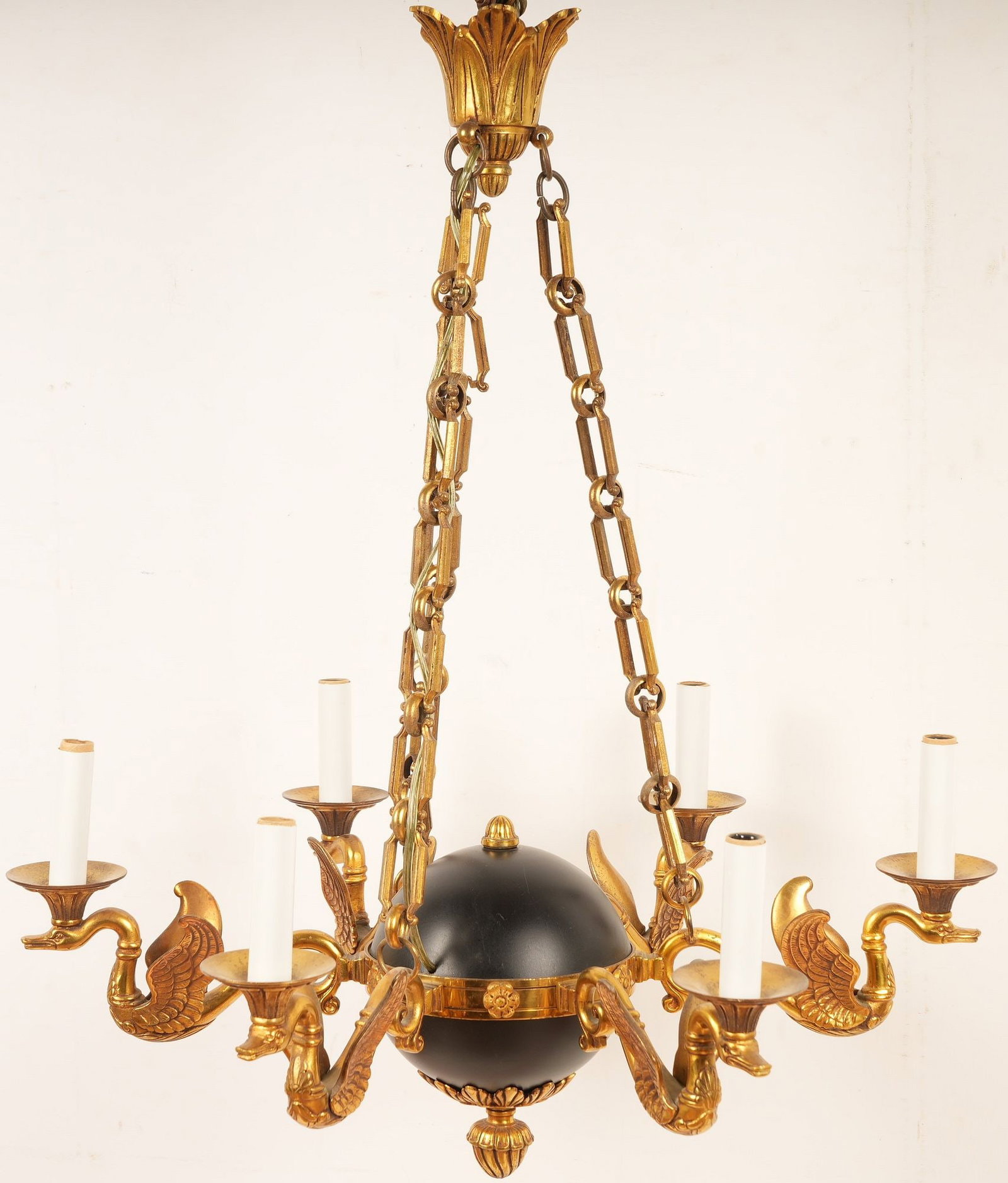 French Empire Style Gilt Bronze Swan Chandelier: H 27" x W 23" x D 21"