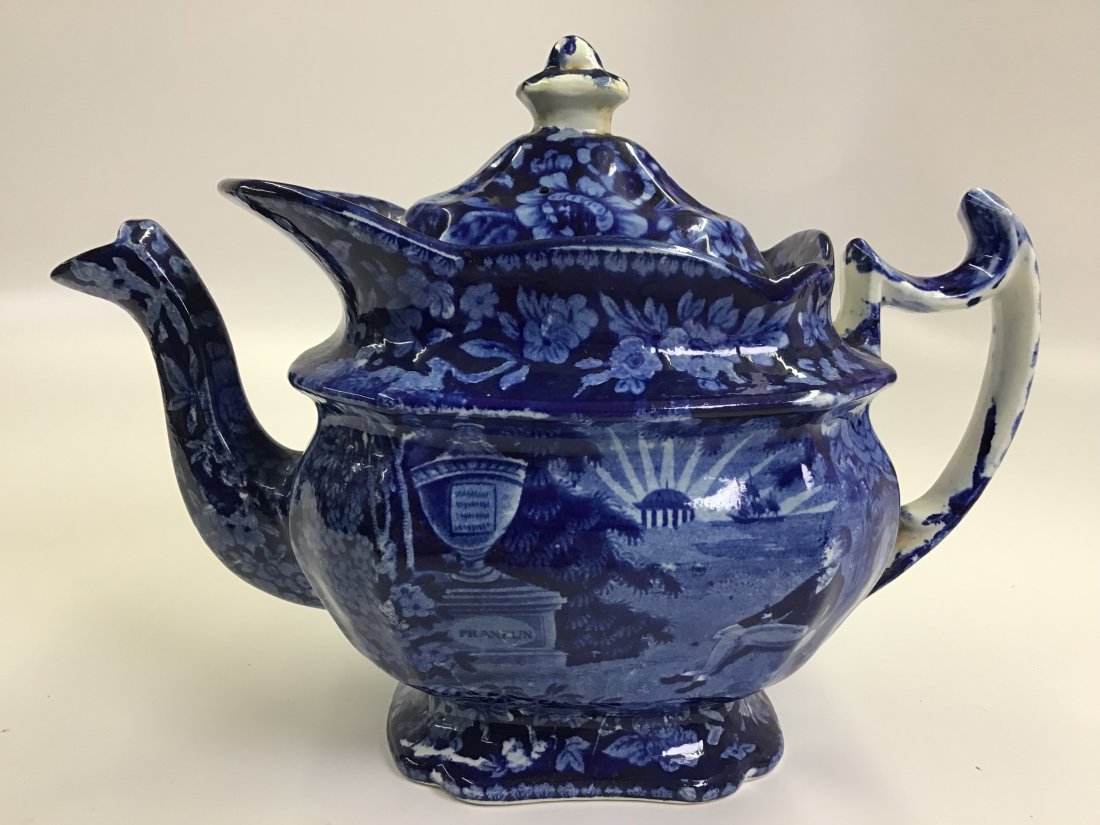Historical Blue Staffordshire Lafayette at Franklin's Tomb Teapot: Deep blue colors.Rare form.