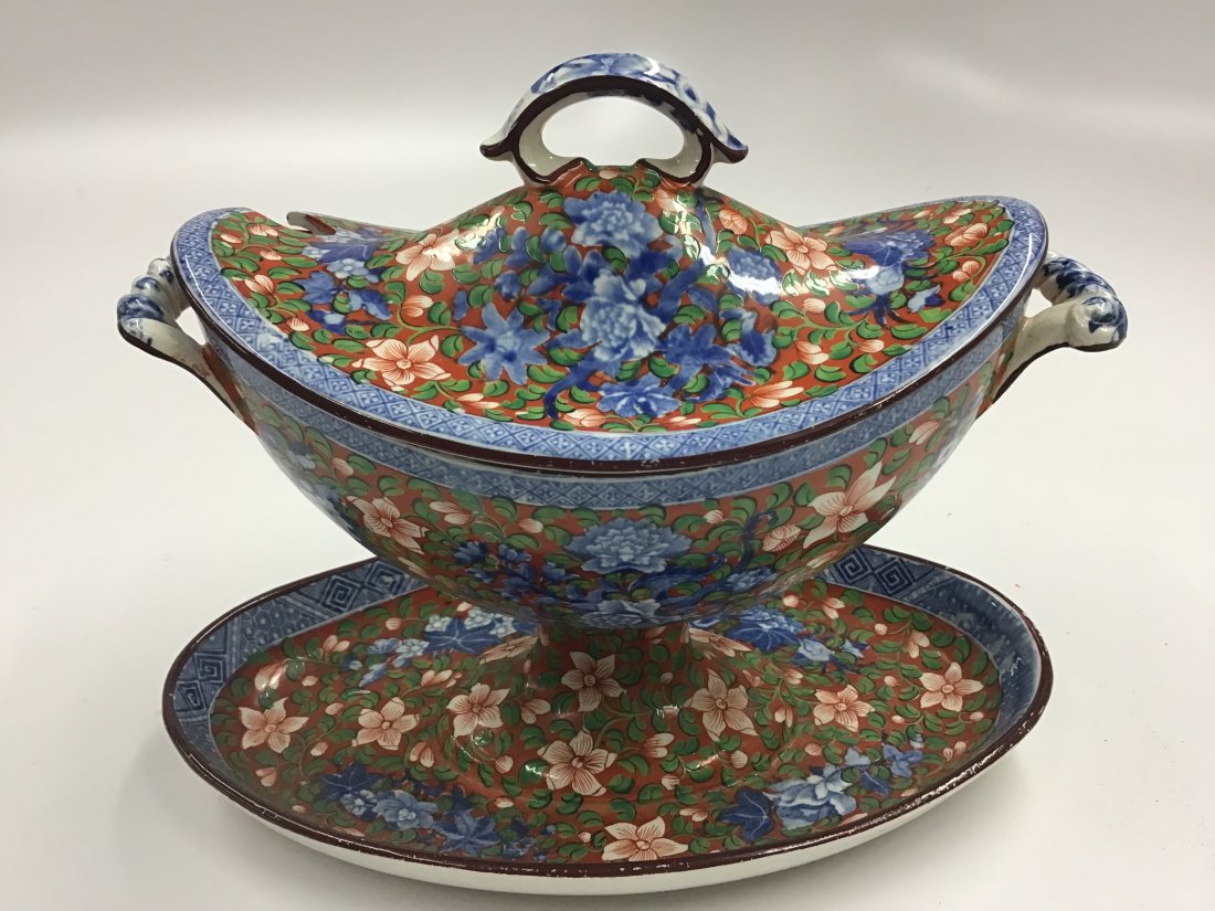 English Clobbered Sauce Tureen w Lid: Deep colors. Rare form.