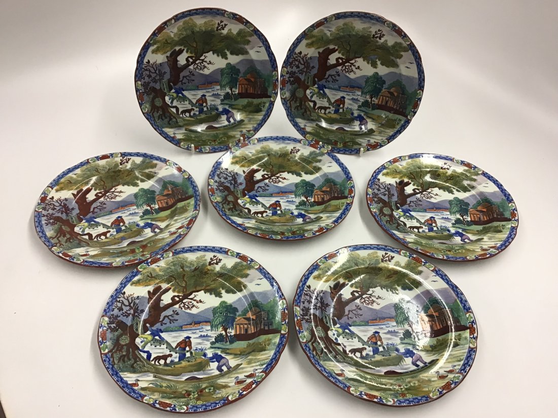 Early Clobbered English Set of 7 7.25" Plates C1820: depicting fisherman in a neoclassical landscape