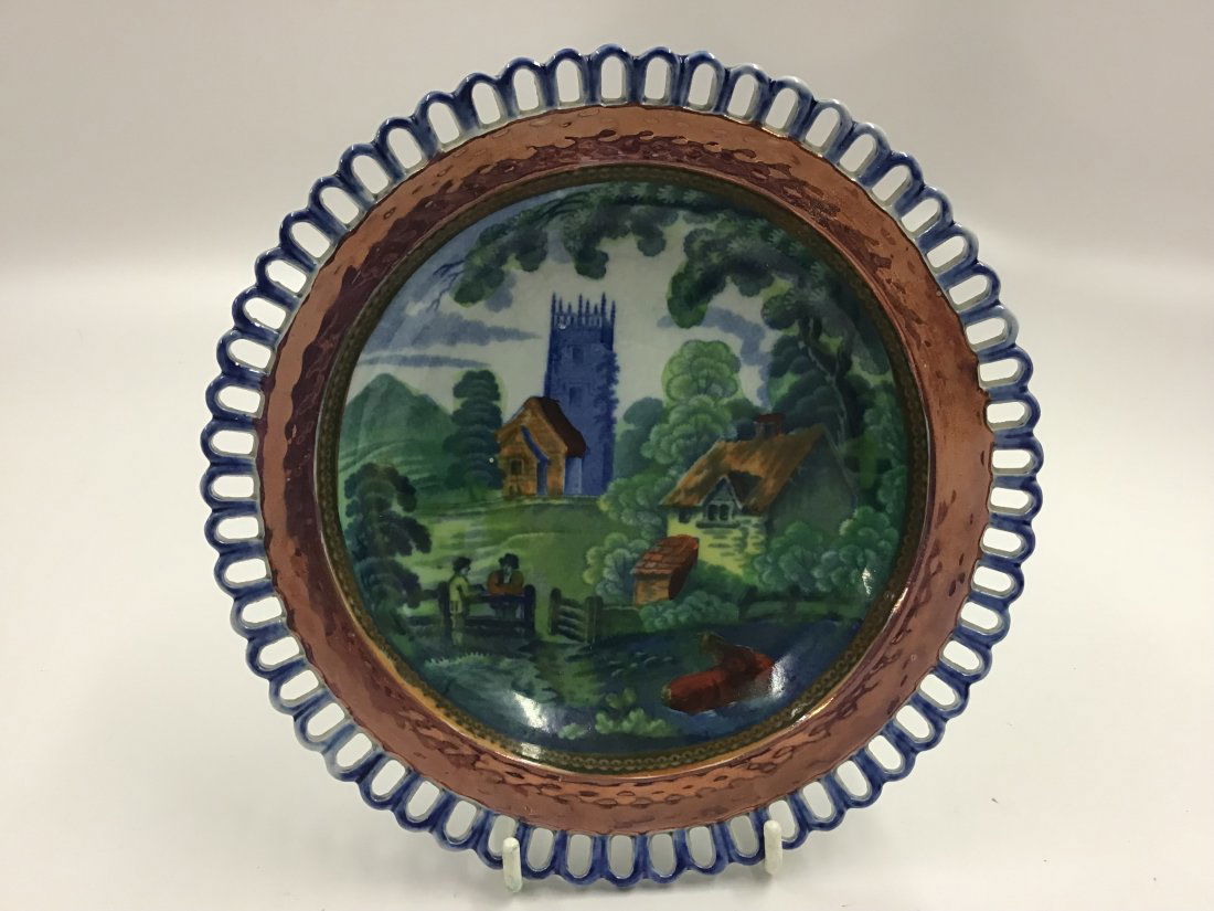 Polychrome Clobbered 7.25" Plate w Country Scene Pink Lustre (1 of 2)