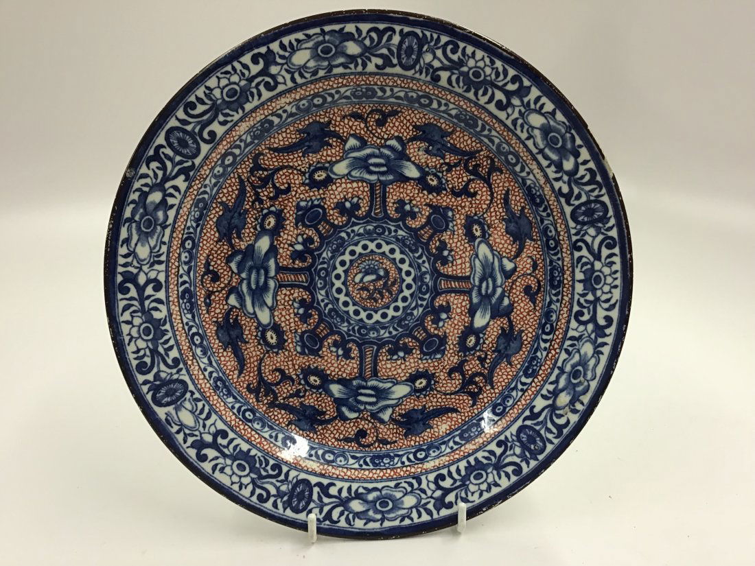 Red Decorated Blue Transfer Clobbered Plate c1820 (1 of 2)