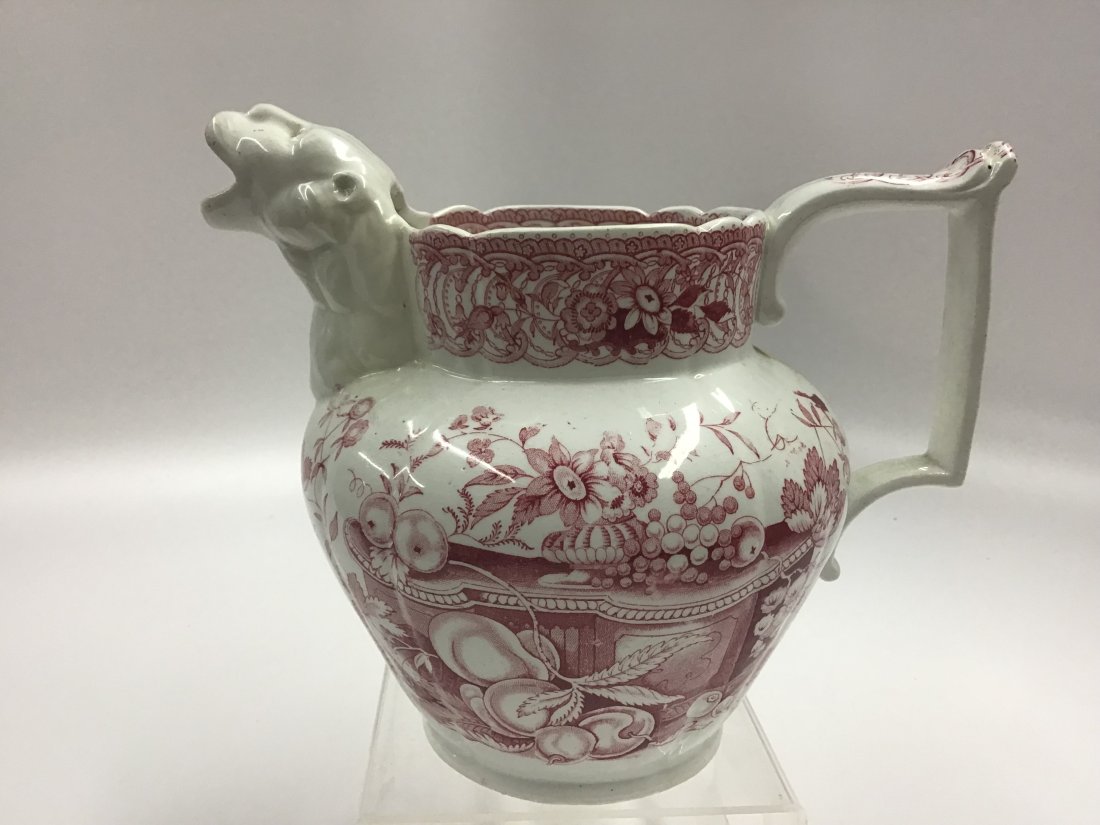 Red Transferware Stoneware Lion Spout Pitcher Romantic Period (1 of 4)
