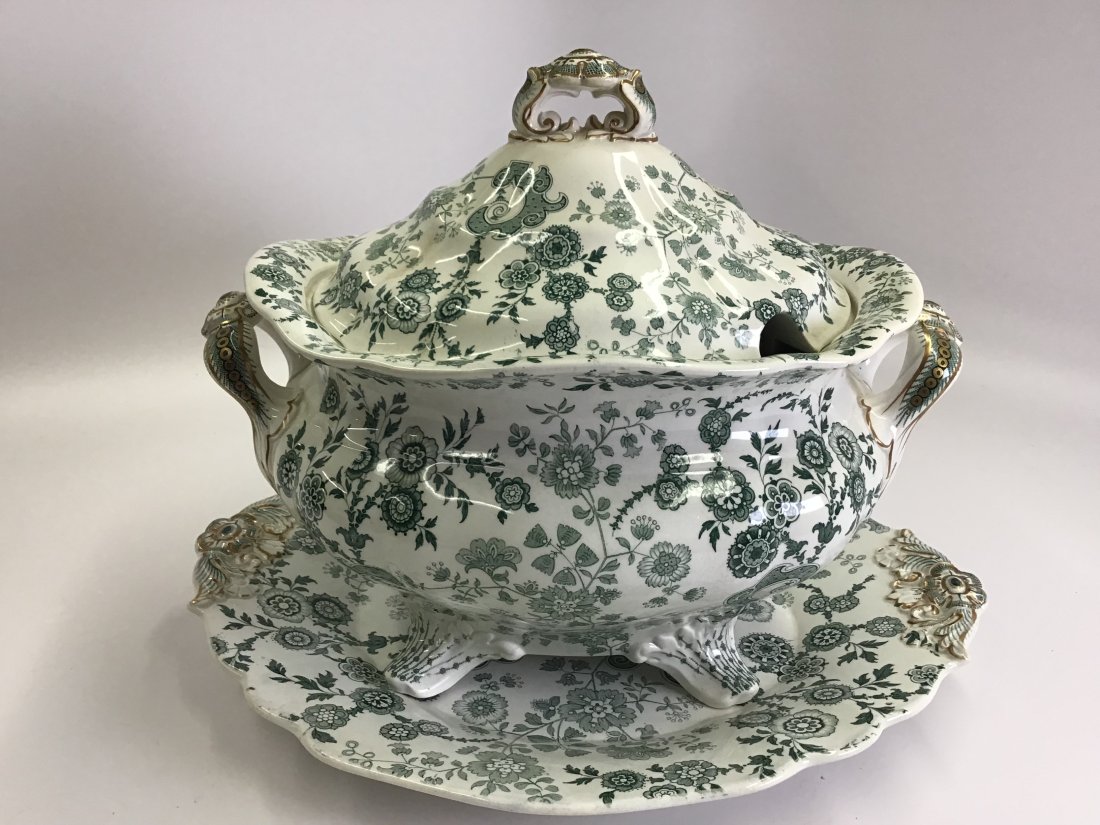 Green Flosculous 3 Piece Tureen and Stand by Ridgway: With gilt decoration; in wonderful condition; tray is 14.5" and the tureen is 9.5" tall