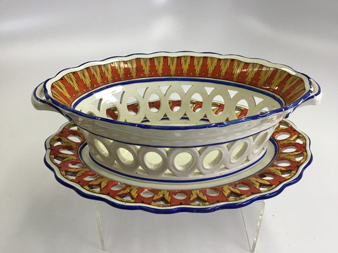 English Creamware Reticulated Chestnut Basket and Tray (1 of 4)