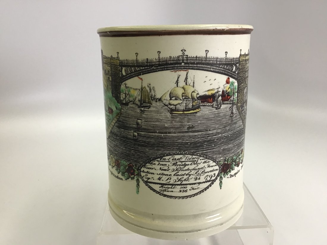 Creamware 1793 Liverpool Mug "Iron Bridge Over River Weir": Good colors