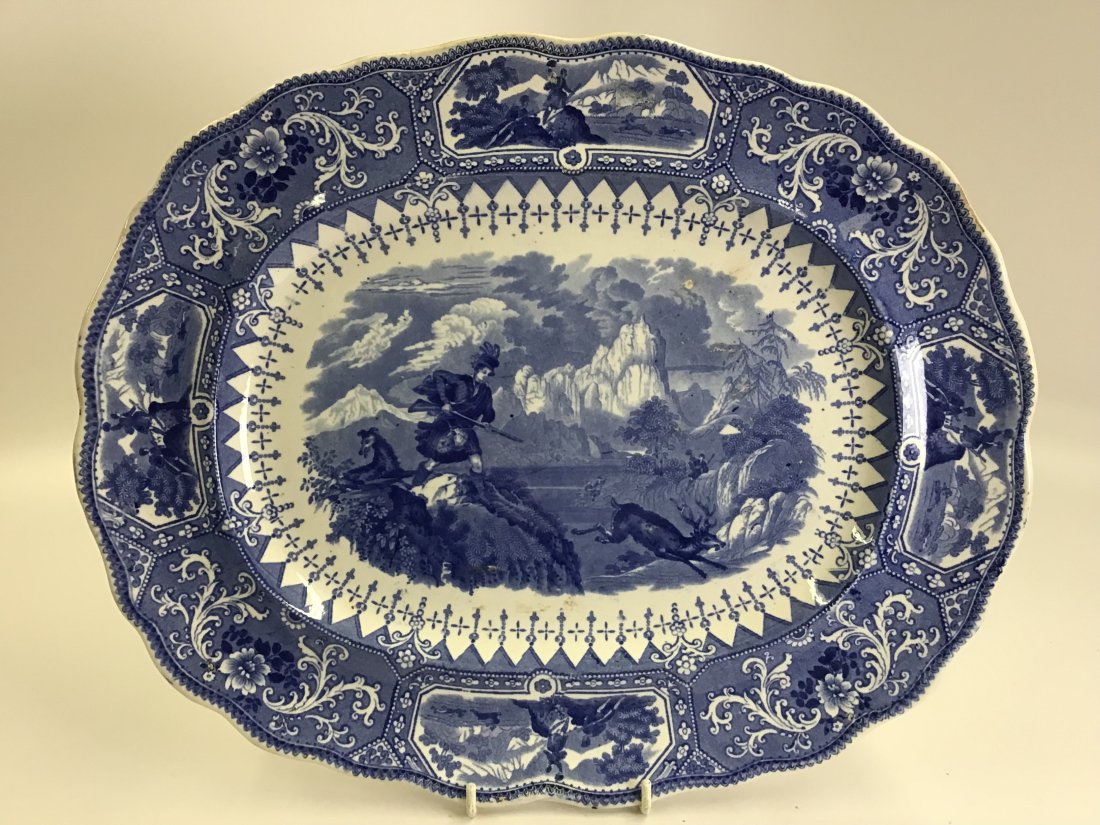 Blue Caledonia Romantic Transfer Platter by Adams: Depicting a highlander hunt scene