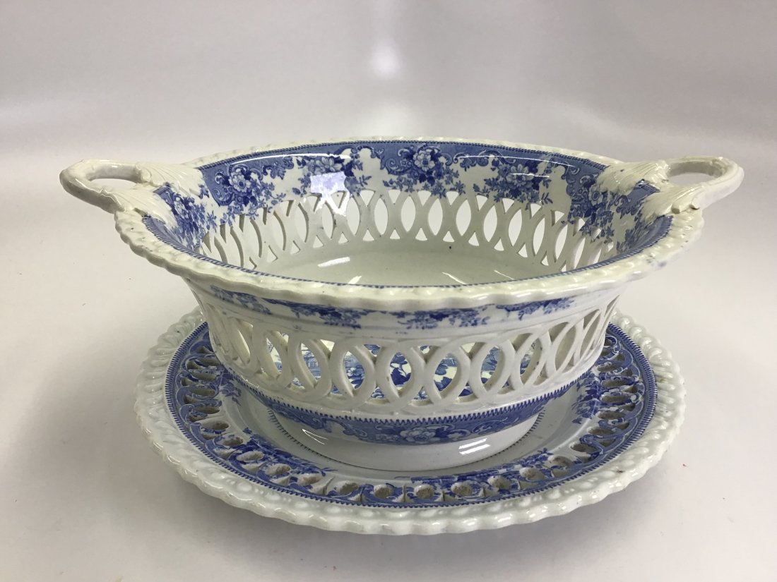 Light Blue Romantic Floral Staffordshire Pierced Basket on Stand: Tuscan Rose pattern; basket is 11" handle to handle