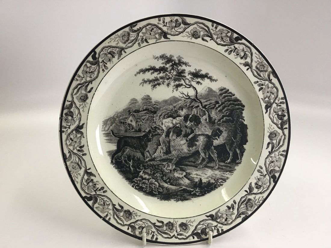 C1800 Creamware Black Transferware Plate with Dogs (1 of 2)