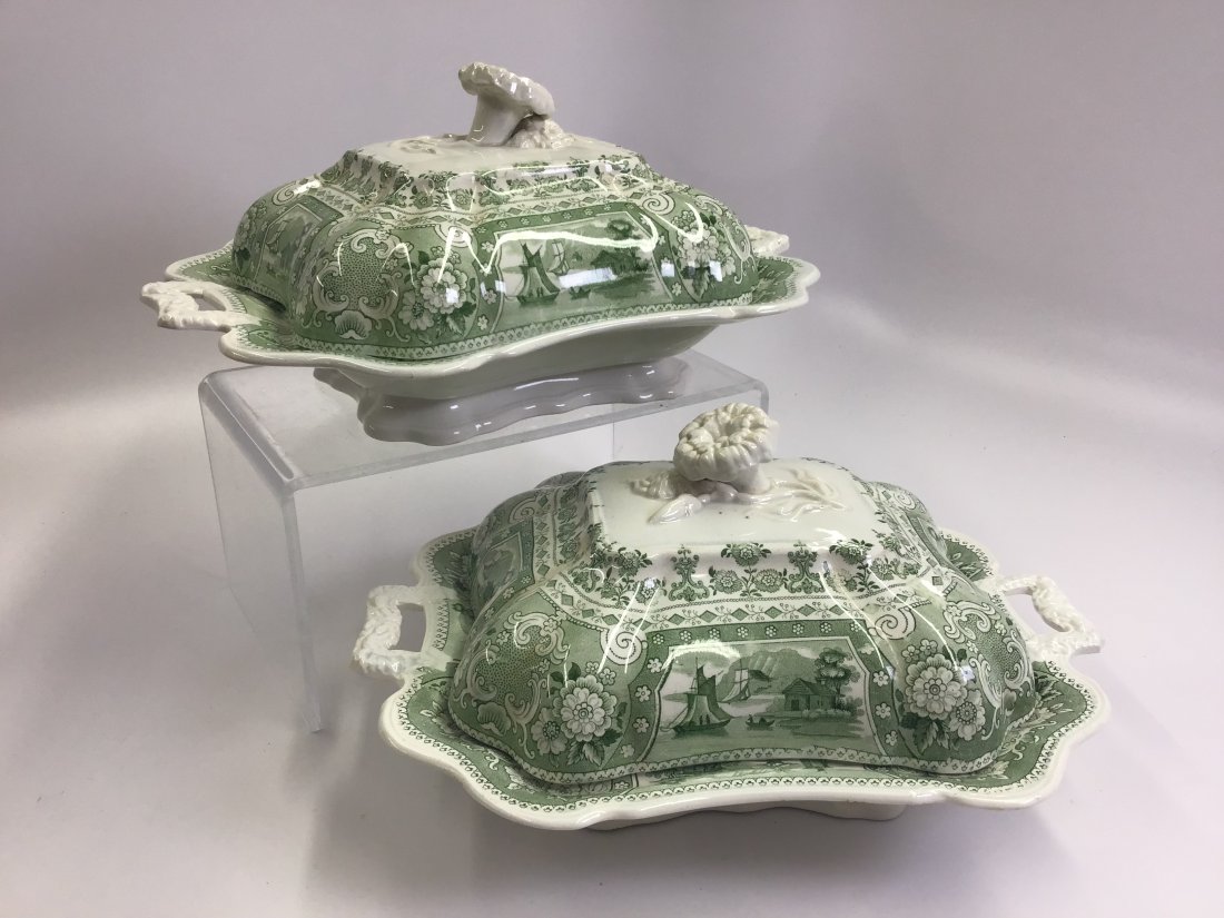 Pair Jacksons Warranted "Clyde Scenery" Green Transfware Covered Vegetables: In wonderful condition