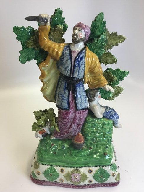 Early English Pearlware Staffordshire Abraham and Isaac Bocage: C1820; raised on a decorated base with unusual large form. Sword is outward facing
