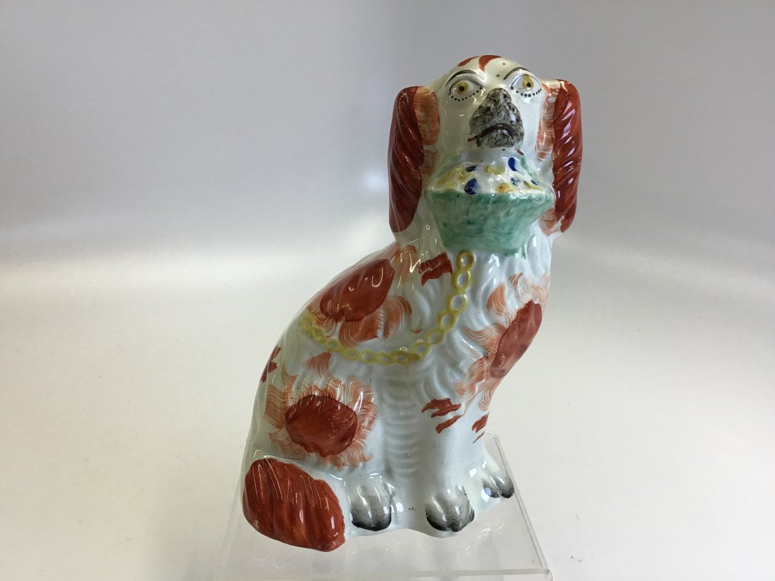 Early Staffordshire Spaniel Dog with Basket Gold Chain Leash (1 of 2)