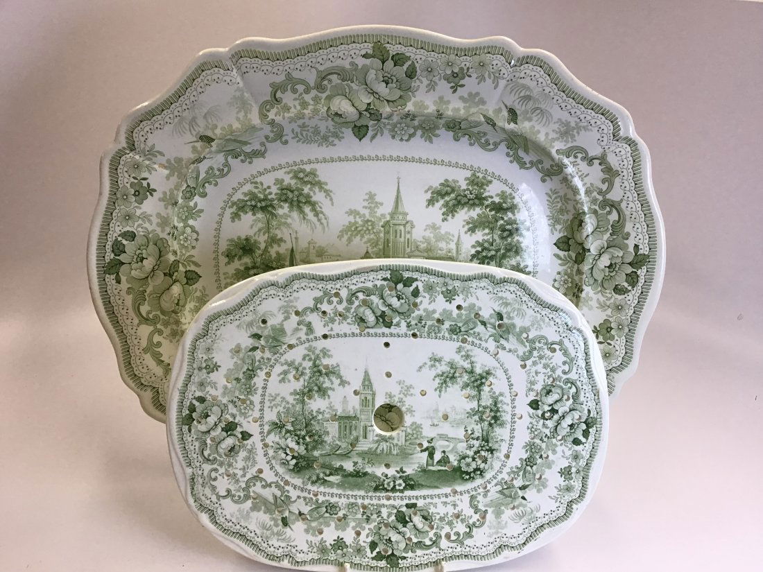 LG Davenport Staffordshire 19" Green Transferware Platter w Mazarene Romantic (1 of 6)