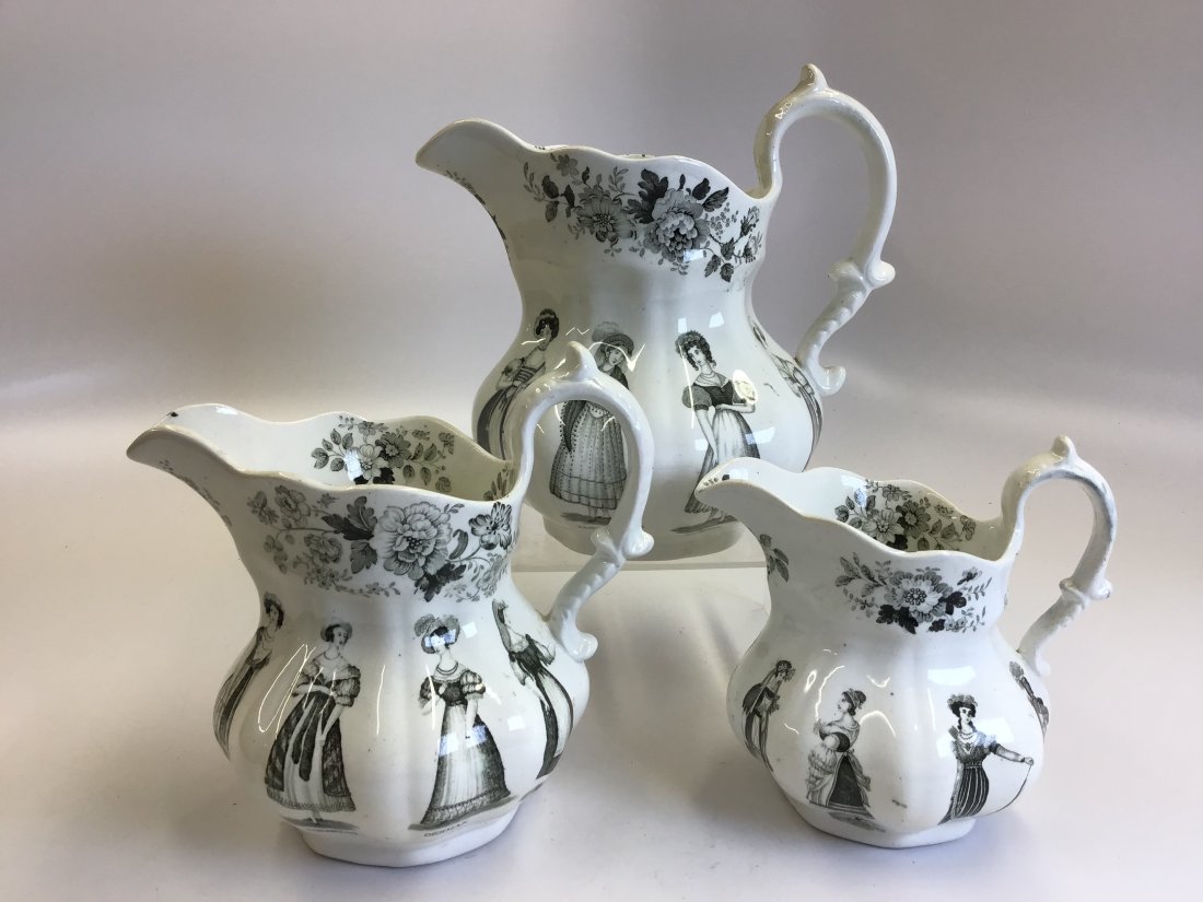 Group 3 Graduated Early Staffordshire Costume Pitchers C1840 Romantic: Depicting ladies' costumes from various countries