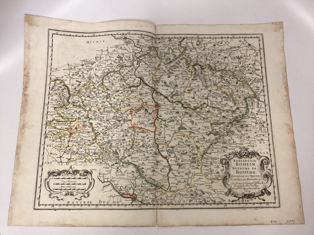 1654 Sanson Kingdom Of Boheim Map: Boehiem divided into it fifteen circles, or Provices, hand colored