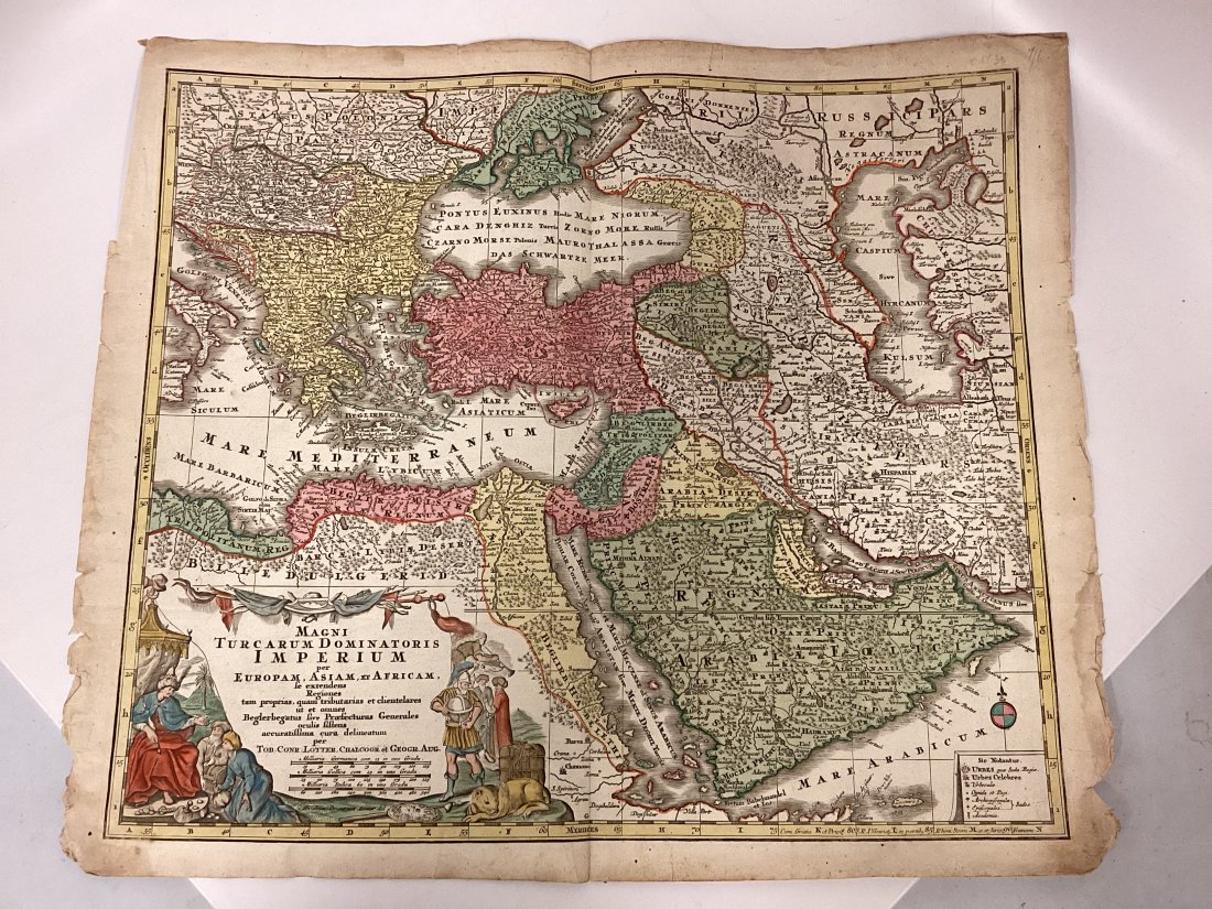 Tobias Conrad Lotter Map Of Eastern Mediterranean & Middle East: Magni Turcarum Dominatoris Imperium per Europam, Asiam, et Africam, This striking map covers the Turkish Empire, extending to Greece, Arabia and Libya, with the Caspian and Black Seas and the eastern 