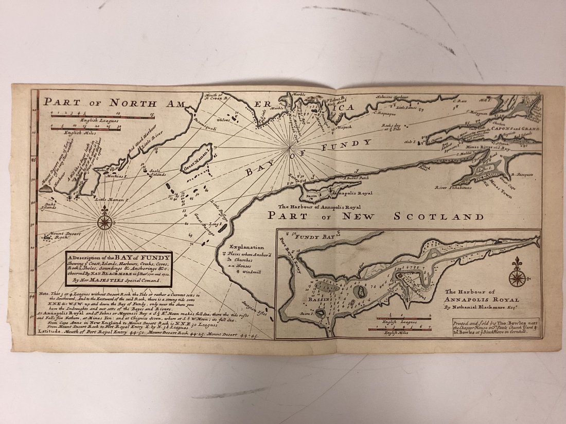 Nathaniel Blackmore "The Harbour of Annapolis Royal": This detailed chart offers a comprehensive picture of the Bay of Fundy, created from surveys conducted between 1711 and 1712 by Nat. Blackmore. commissioned by Her Majesty. It depicts the coastline, i