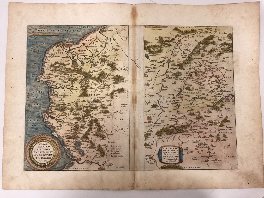 Abraham Ortelius 17thC Map Of France: "Caletensium Et Bononiensium Ditionis Accurata Delineatio" The heirs of Abraham Ortelius sold a manuscript translation by Filippo Pigafetta to Vrients, which was then printed by him