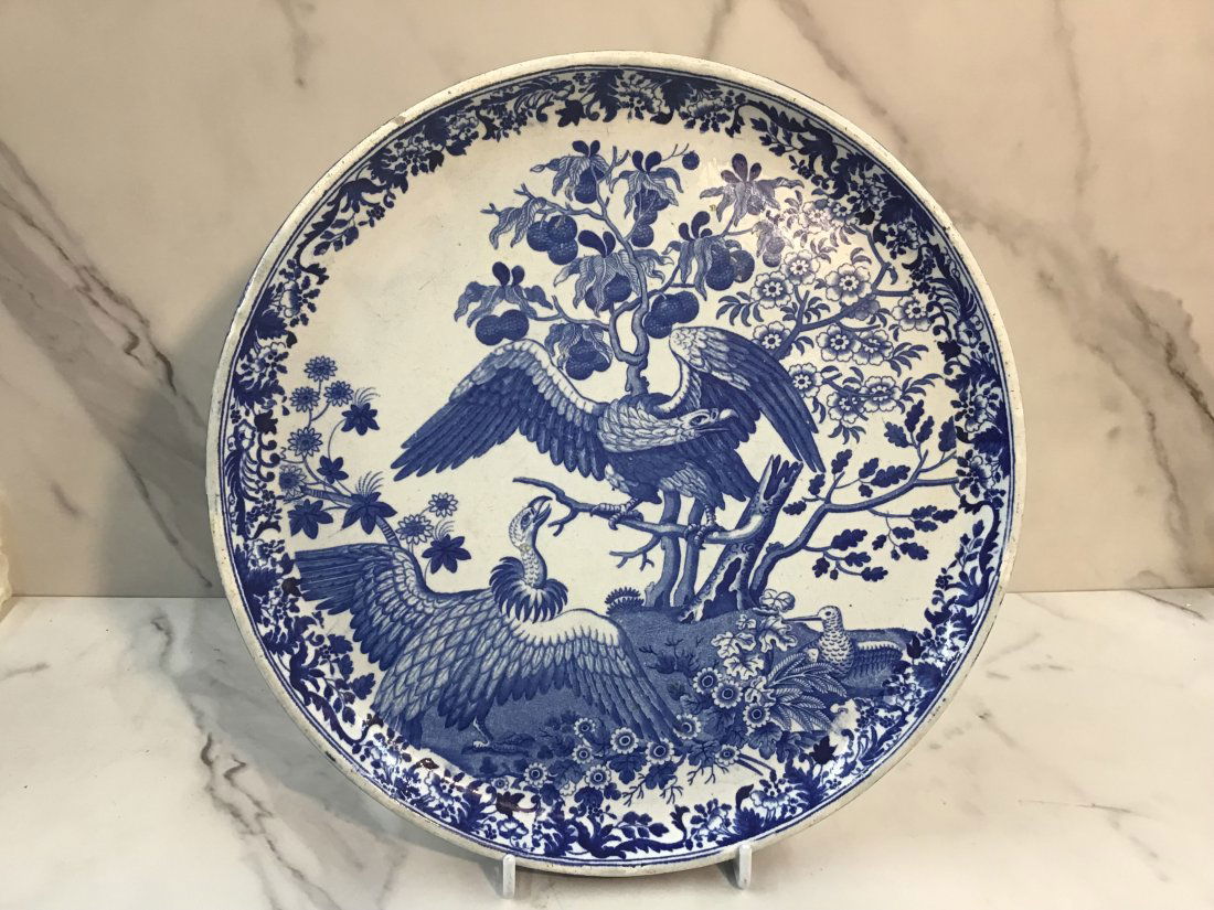 English Pearlware Blue Transferware Orinthological Tazza (1 of 3)