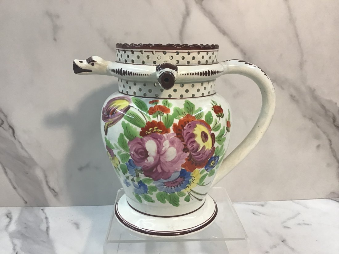 English Creamware Polychrome Decorated Puzzle Jug (1 of 6)