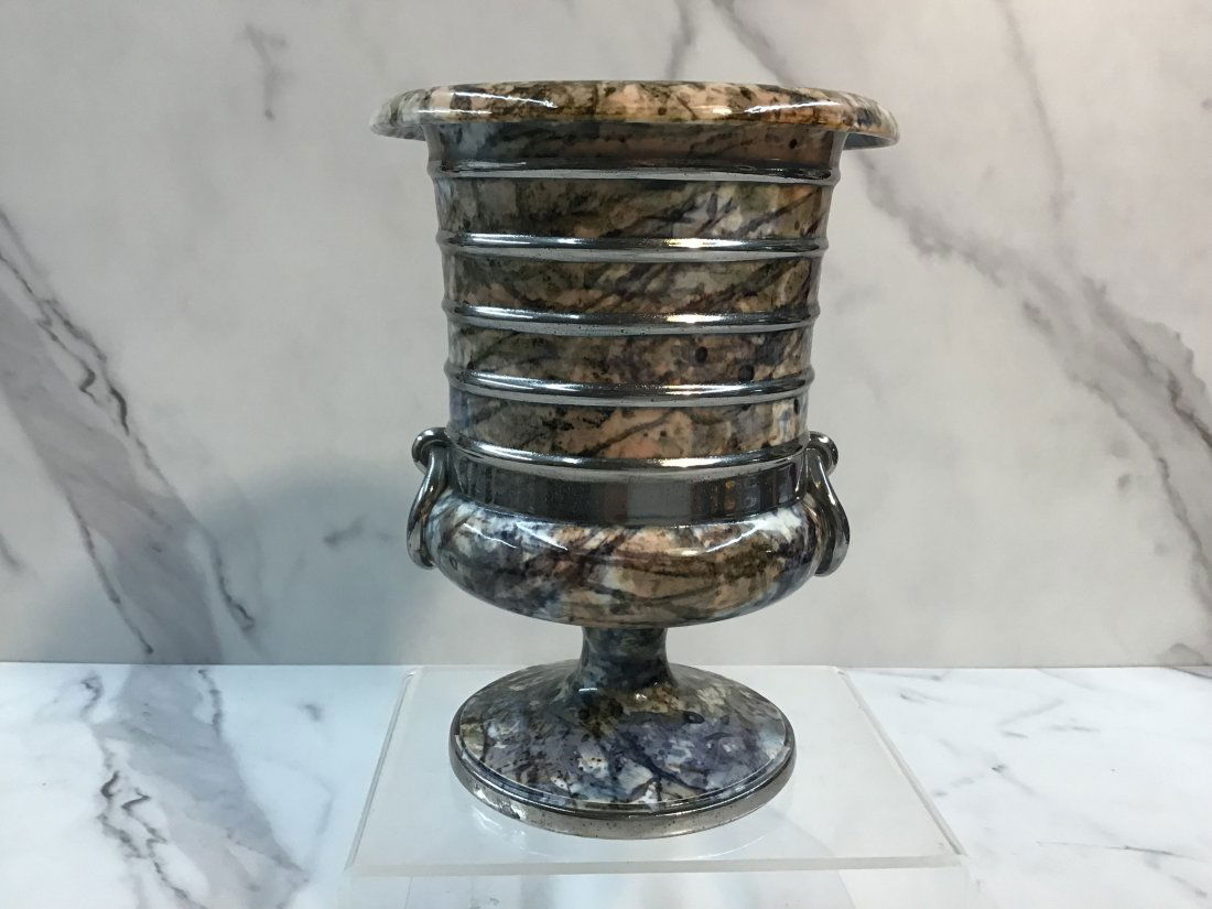 English Silver Lustre Marbled 6" Urn: Banded with silver rings over a marbled finish.