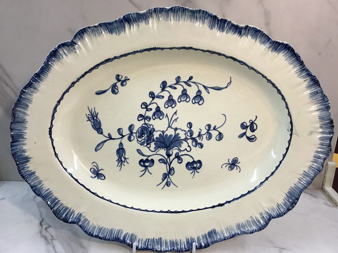 English Blue Featheredge Creamware Floral 16" Platter (1 of 5)
