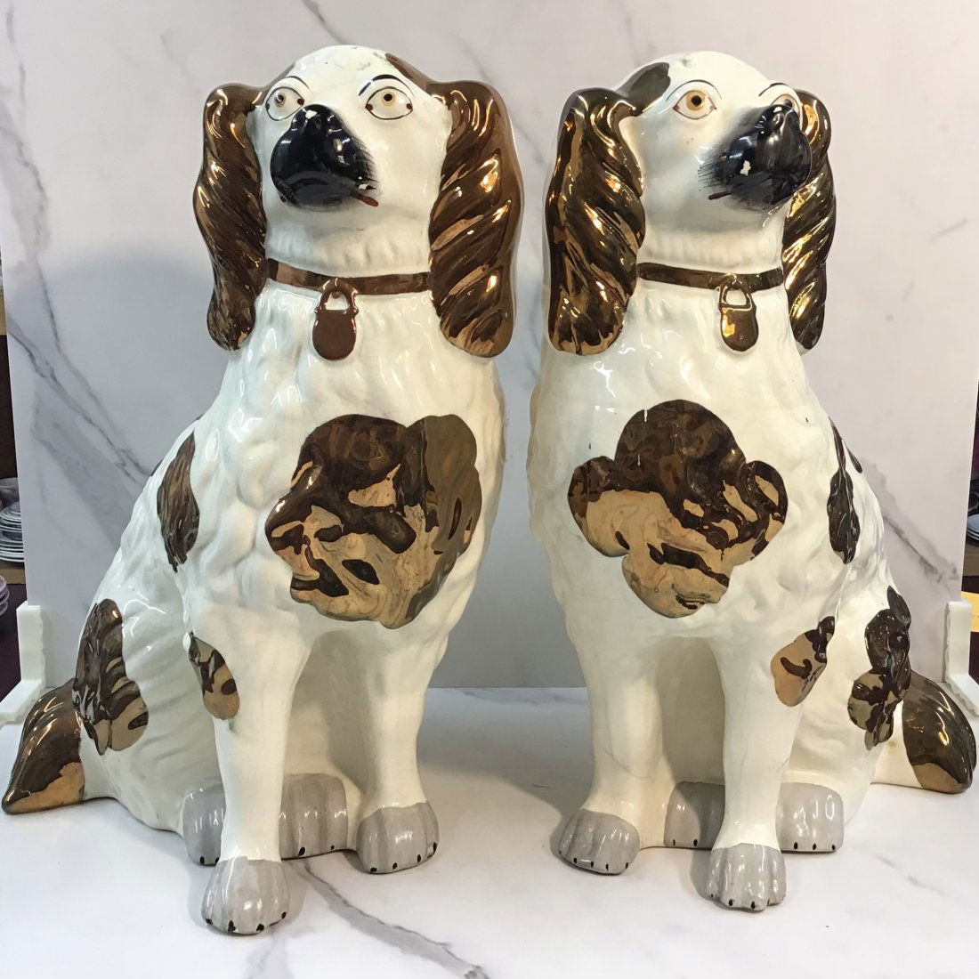 Monumental Pair English 15" Spaniel Lustre Staffordshire Figures (1 of 6)