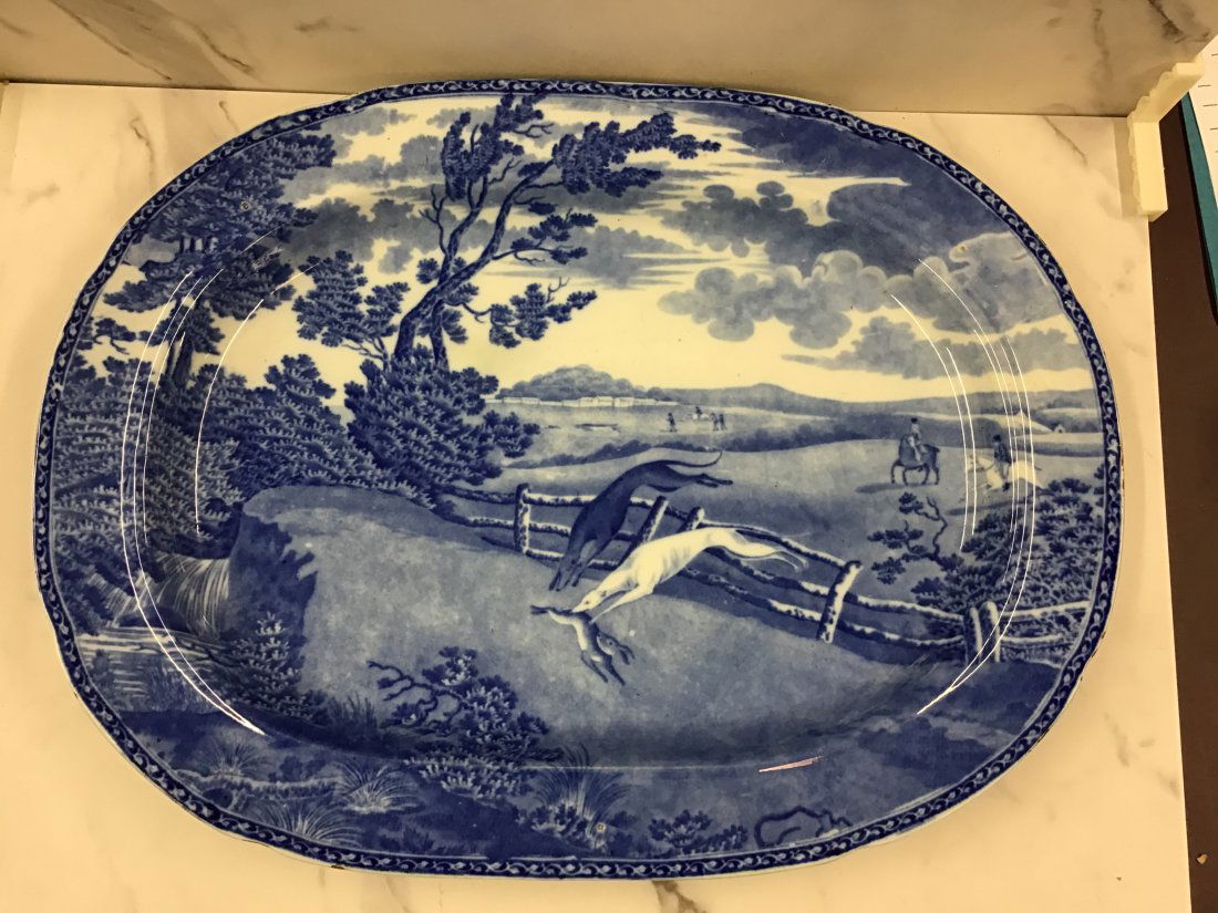 Toft and May Pearlware Blue Transferware 20" Platter "Coursing" (1 of 6)