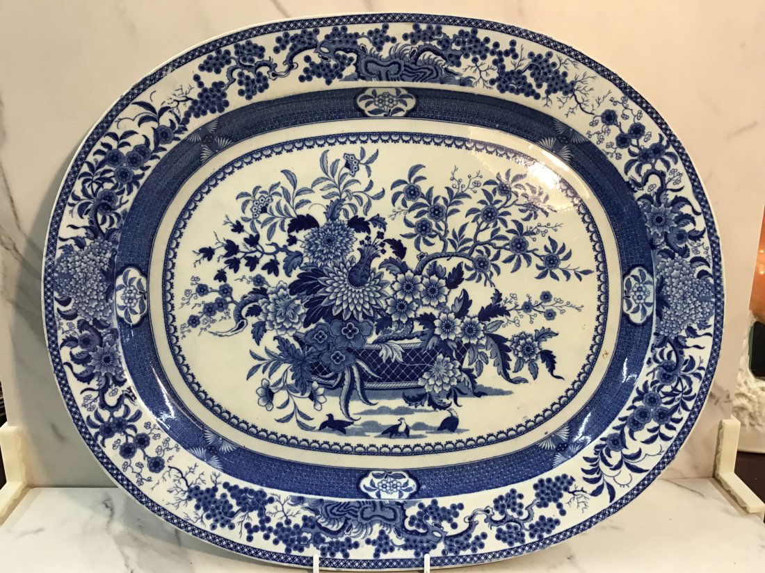 English Blue Pearlware Staffordshire 18.5" Platter: With flowers in center; likely Spode.