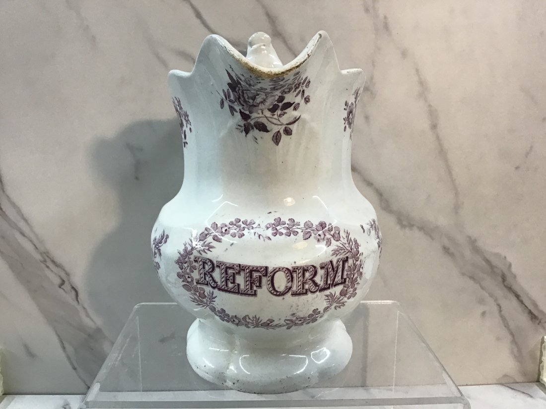 English Staffordshire Purple Transferware 8.5" REFORM Pitcher (1 of 4)