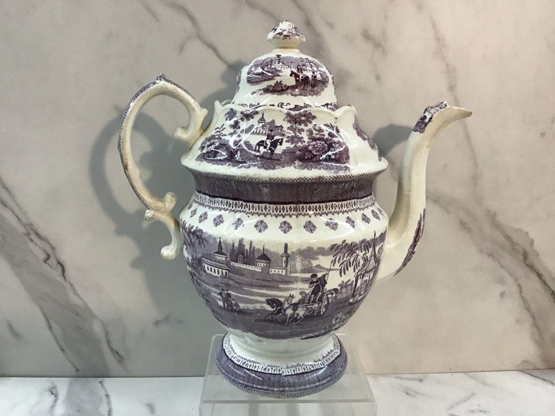English Staffordshire Purple Transferware 11" Coffee Pot (1 of 5)