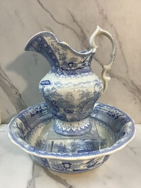 English Mayer Longport Canova Staffordshire Pitcher and Bowl: Depicting an urn in a classical garden