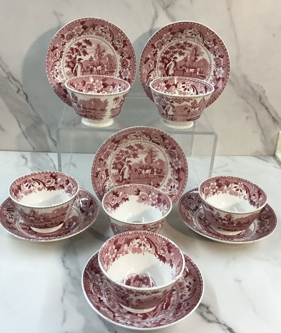 Set of Six Adams English Staffordshire Red Transferware  "Sowers" Cups Saucers (1 of 2)