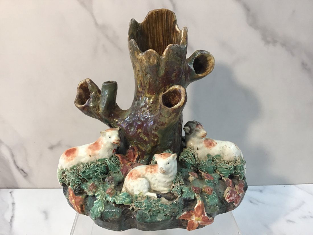 RARE Signed English Pearlware Staffordshire Sheep Spill Vase (1 of 3)