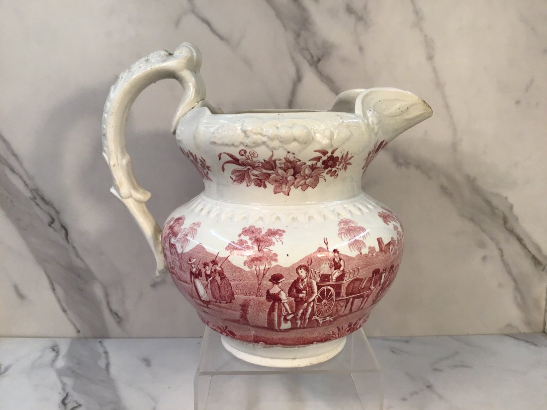 English Staffordshire Red Transferware 8.5" Pitcher (1 of 3)