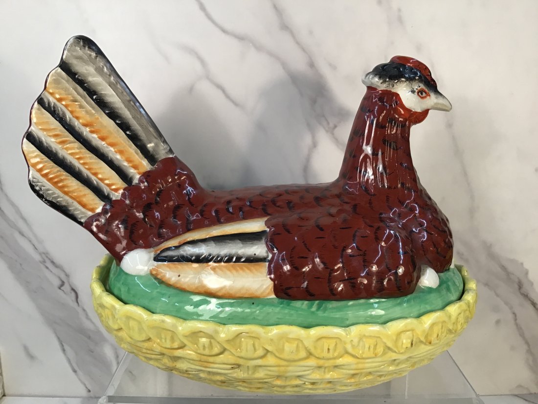 Very Large Brown Staffordshire Hen on Yellow Nest 12.25”: Black and orange striping and bright green base on a yellow basket.