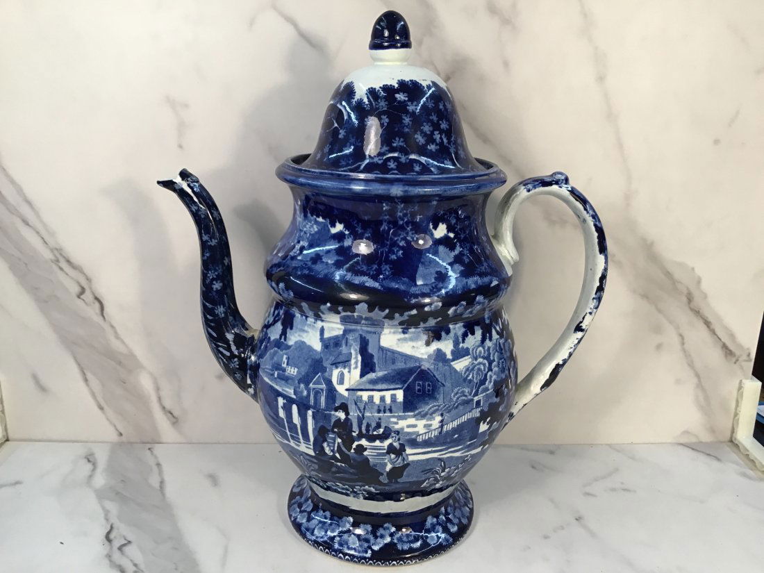 English Staffordshire Large 12.75" Pearlware Coffee Pot Village Scene (1 of 3)