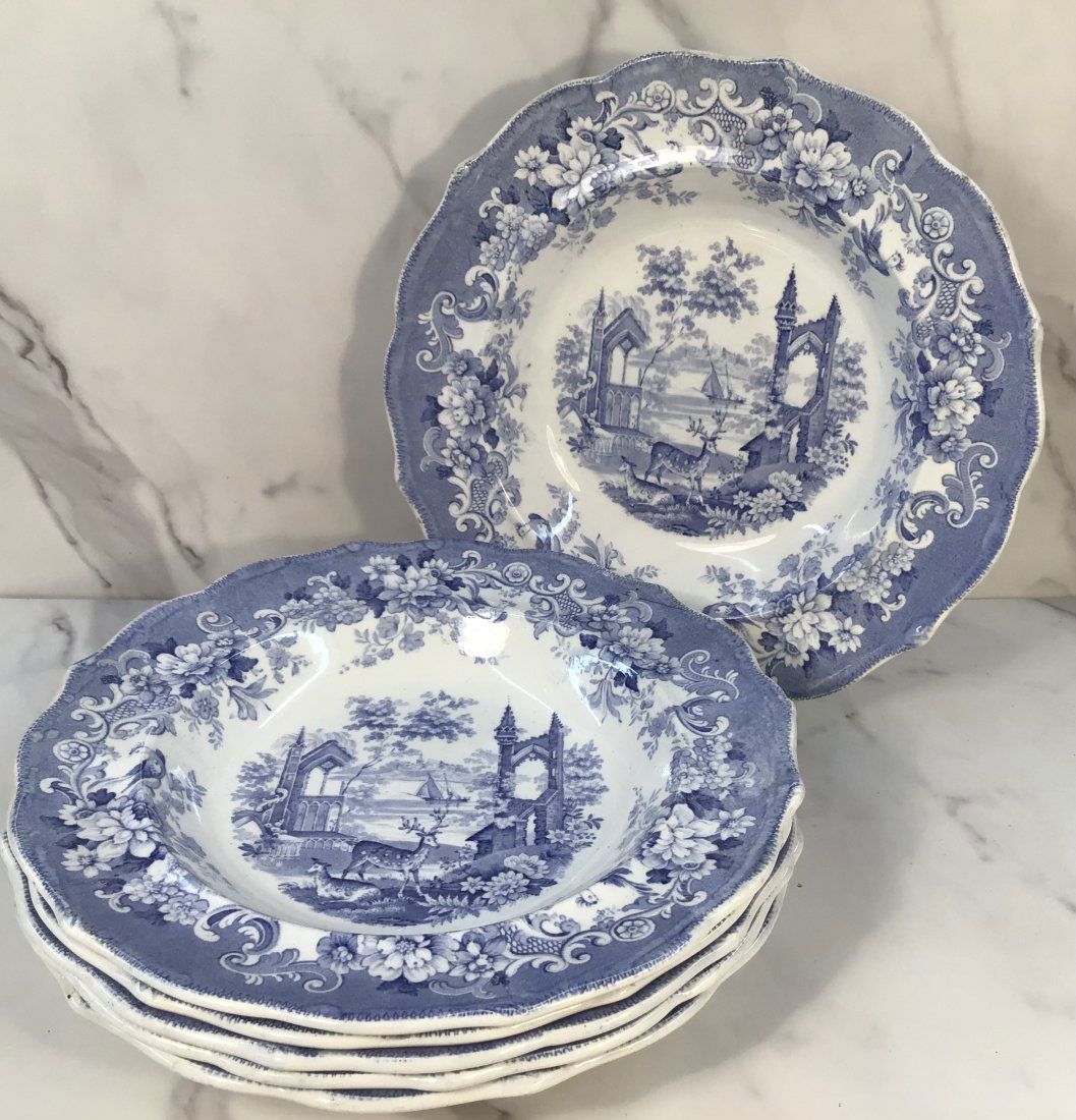 6 large English Thomas Fell Staffordshire blue Transferware soup bowls (1 of 3)