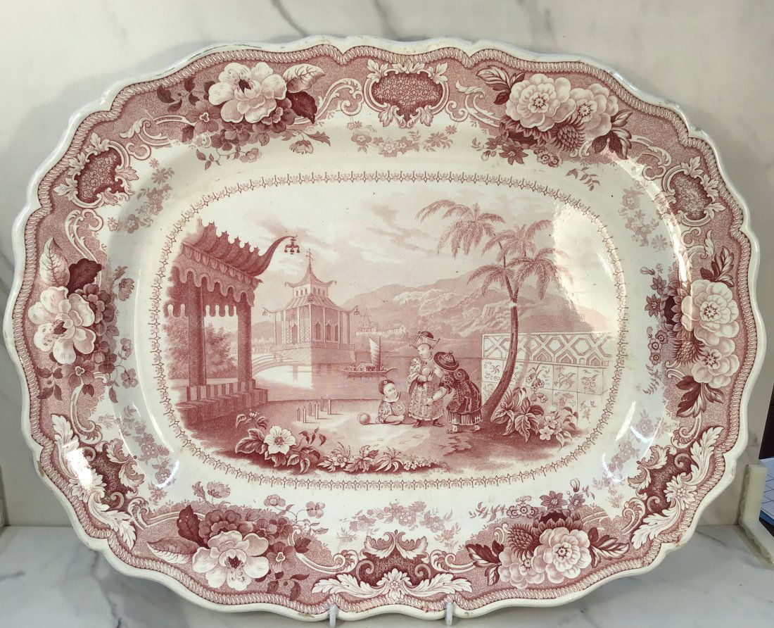 Large 19" English Staffordshire Red Transferware Platter "Chinese Juvenile Sports" (1 of 3)